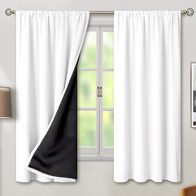 BGment Pure White 100% Blackout Curtains 63 Inches Long with Thermal Insulated Liner, Rod Pocket and Back Tab Double Layer Full Room Darkening Window Curtain for Bedroom, 2 Panels, Each 42 x 63 Inch