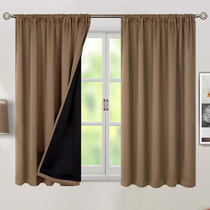 BGment 100% Room Darkening Thermal Insulated Blackout Curtains 45 Inches Long with Liner, Rod Pocket and Back Tab Double Layer Noise Reduce Curtains for Bedroom (52 x 45 Inch, 2 Panels, Taupe)
