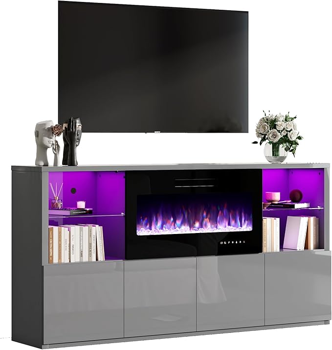 68" Modern Fireplace TV Stand for TVs up to 75", High Gloss Entertainment Center with 40" Fireplace, 4 Shelves & Storage Cabinets, Media Console Table,Grey