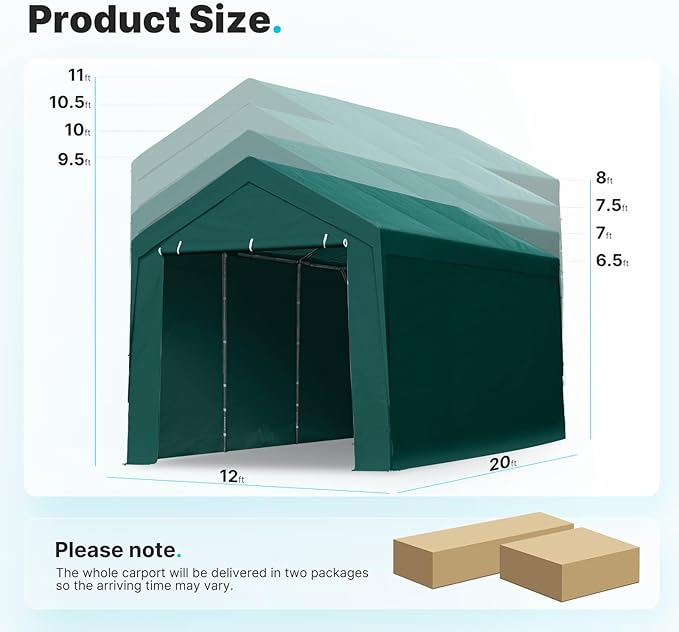 ADVANCE OUTDOOR 12x20 ft Heavy Duty Carport Garage Shelter, Adjustable Height (6.5-11ft) Waterproof Canopy with Removable Sidewalls for Cars, RV, Boat, Truck, Party - Green