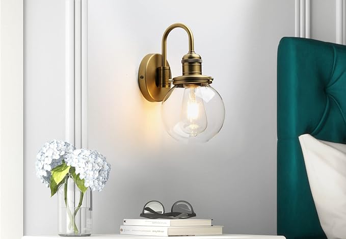 Industrial Vintage Gooseneck Wall Sconce 1-Light with 5.9” Round Clear Glass Globe Shade Indoor Wall Mounted Lamp Fixture