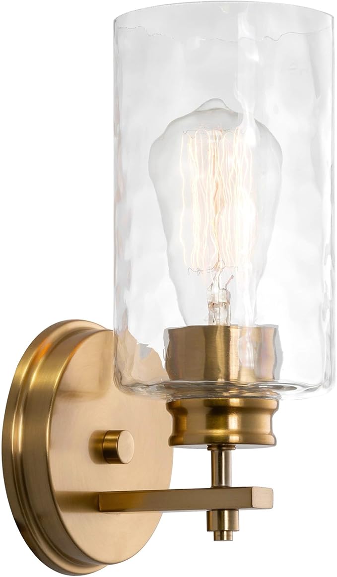 Kira Home Phoebe 10" Modern Wall Sconce/Vanity Light + Clear Hammered Glass Shade, Cool Brass Finish