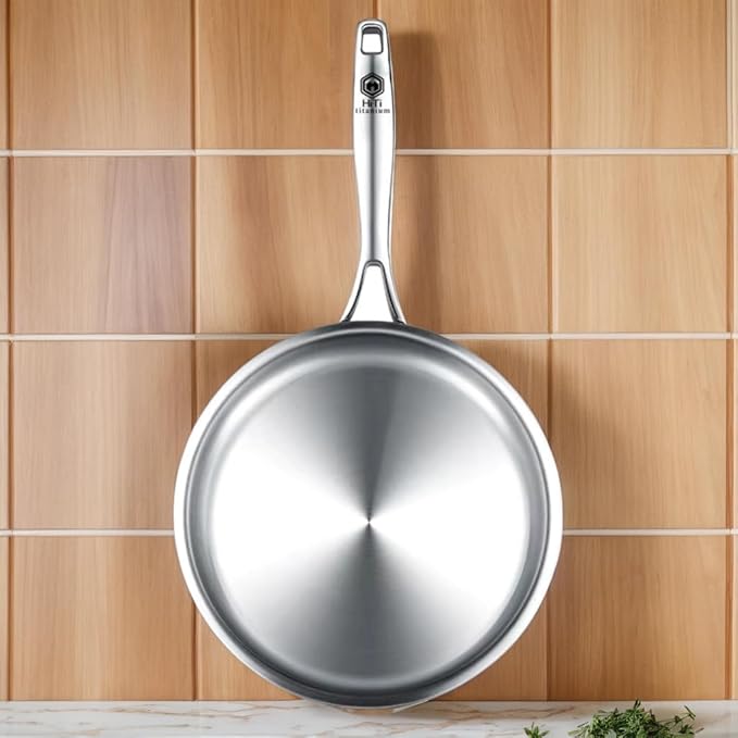12 Inch Titanium Pan with Glass Lid - 0.5mm Pure Titanium + 1.4mm Aluminum Core | Coating-Free & PFOA-Free | Induction/Gas/Oven Safe to 500°F | Energy-Efficient Even Heating