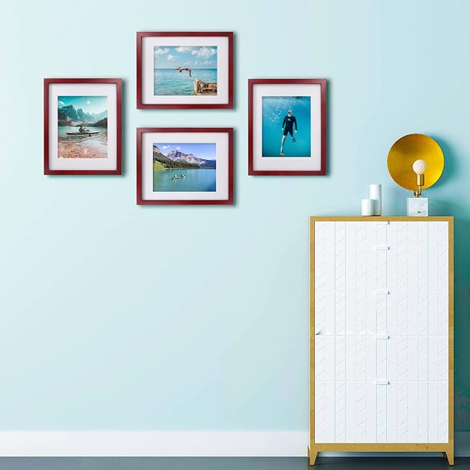 Egofine 11x14 Picture Frame Display Pictures 5x7/8x10 with Mat or 11x14 Without Mat Made of Solid Wood Covered by Plexiglass for Table Top Display and Wall Mounting Photo Frame, Dark Red