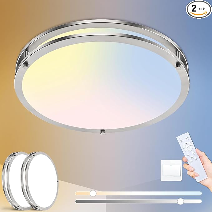 libtit 2Pack 13 Inch Flush Mount Ceiling Lights with Remote, 24W Dimmable LED Ceiling Light with Nightlight and Timer, 3000K-6500K Adjustable Light Fixture for Bedroom Kitchen Hallway Livingroom