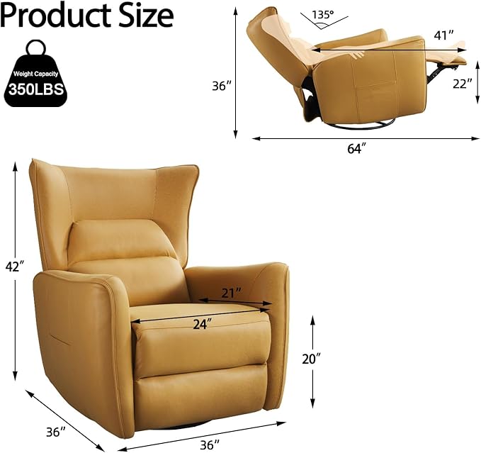 INZOY Power Swivel Rocker Recliner Glider, Oversize Electric Swivel Rocker Recliners with Highly Enveloping Backrest, Nursery Rocking Recliner Chair Leathaire Reclining Sofa for Living Room, Yellow