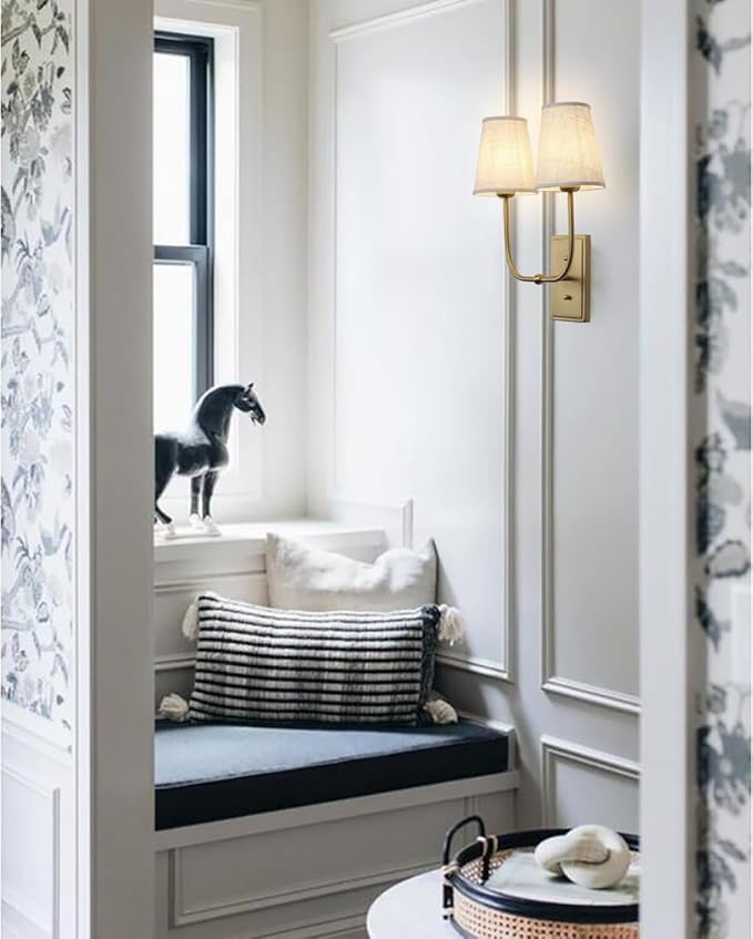 Vintage 2-Lights Wall Sconces with Funnel Linen Fabric Shades, Double Head Bathroom Vanity Lights Fixture, Indoor Wall Lamps for Bedroom Living Room Hallway Stairway