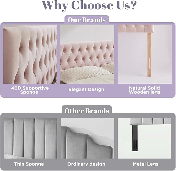 Kingfun Tufted Upholstered King Size Bed Headboard in Modern Button Design, Adjustable Solid Wood Head Board, Premium Velvet Fabric Padded Headboards in Bedroom (Pink)