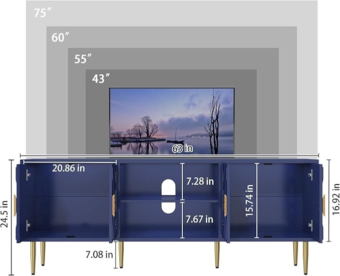 HLR 63''Modern TV Stand for 65/70/75 inch TV, Entertainment Center with Storage Cabinet, Mid Century Blue TV Stand,Embossed Pattern TV Console, TV Media Console for Living Room, Bedroom