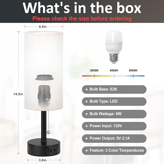 Bedside Table Lamp for Nightstand - 3 Color Temperatures Pull Chain Lamp with AC Outlet Charging Port, Round Night Stand Light for Bedroom Living Room, Small Bed Side Light with E26 LED Bulb
