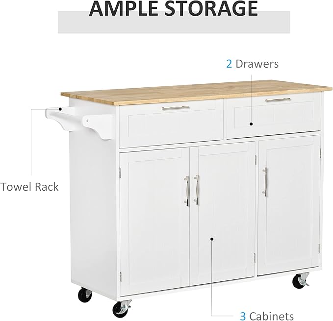 HOMCOM Mobile Kitchen Island with Storage, Kitchen Cart with Wood Top, Storage Drawers, 3-Door Cabinets, Adjustable Shelves and Towel Rack, White