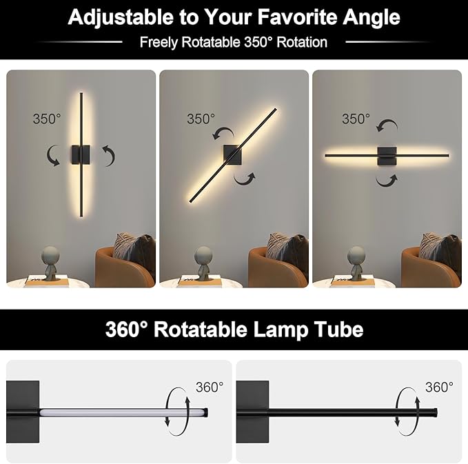 Battery Operated Wall Sconce Set of Two with Remote Control, 3000K-6000K Dimmable Black Wall Lights, Timable LED Wireless Wall Sconces, 350° Ratate for Bathroom, Living Room, Hallway 29.1 Inch