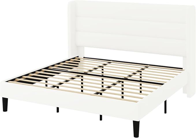 Allewie King Size Platform Bed Frame with Velvet Upholstered Wingback Headboard, No Box Spring Needed, Under Bed Storage Space, Strong Wooden Slats, Modern Mattress Foundation, Easy Assembly, White