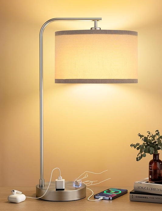 Gray Side Table Lamp with USB Port and Outlet, Dimmable Nightstand Bedside Lamps with Linen Lampshade, Desk Lamp for Bedroom, Living Room, Guest Room, Home Office, LED Bulb Included