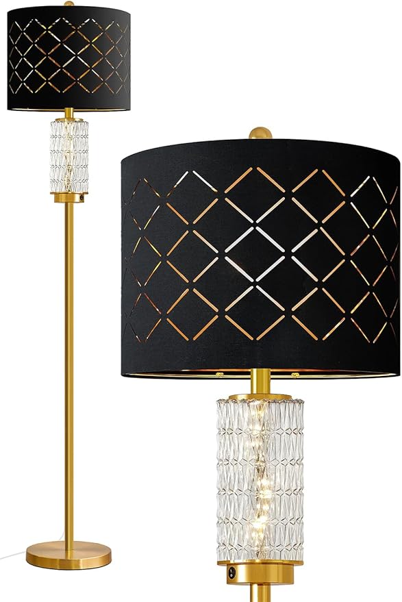 Oneach 63.75" Floor Lamp for Living Room, Modern Gold Lamp with LED Glass Night Light, Vintage Standing Lamp with Black Drum Lampshade, Unique Luxury Tall Lamp for Bedroom Home Office(Bulb Included)