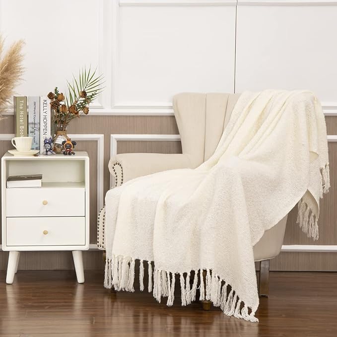 Gealaek Decorative Fluffy White Throw Blanket Cream Fringe Lightweight Faux Cashmere Fuzzy Soft Cozy Throws for Sofa Bed Farmhouse 50" x 60"