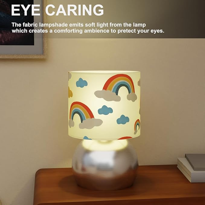 Set of 2 Silver Small Bedside Table Lamps with Rainbow Cloud Pattern Shades (Bulb Included)