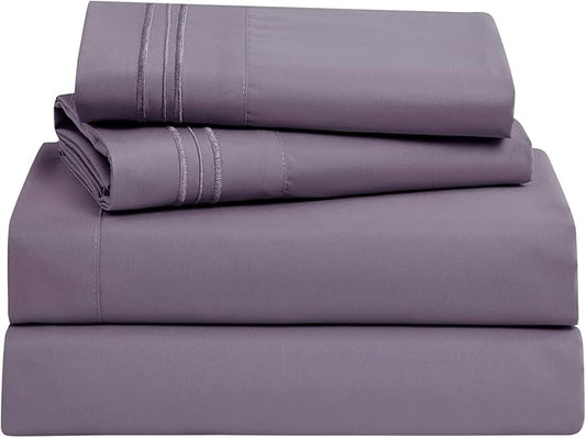 Clara Clark Bed Sheets, Premier 1800 Series Bed Sheet Set, Deep Pocket, Wrinkle, Fade, Stain Resistant, Luxury Soft Bedding Sheets & Pillowcases, Full, Grayish Purple