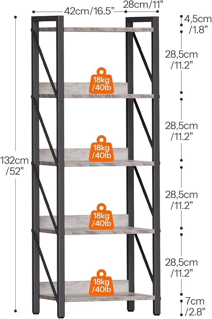 HOOBRO Bookshelf, 5-Tier Industrial Bookcase, Book Shelf Storage Organizer, Tall Bookshelf with Metal Frame for Living Room, Bedroom, Home Office, Kitchen, Greige and Black BG73SJ01