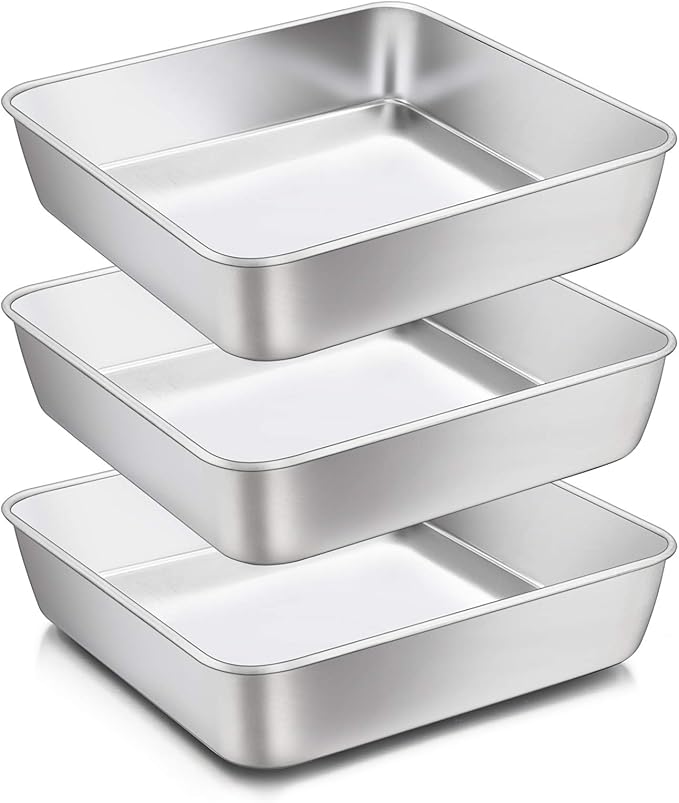 E-far 8 x 8-Inch Baking Pan, Square Cake Brownie Baking Pans Stainless Steel Bakeware Set of 3, Fits in Small Toaster Oven, Non-toxic & Dishwasher Safe