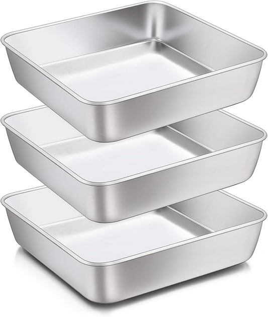 E-far 8 x 8-Inch Baking Pan, Square Cake Brownie Baking Pans Stainless Steel Bakeware Set of 3, Fits in Small Toaster Oven, Non-toxic & Dishwasher Safe
