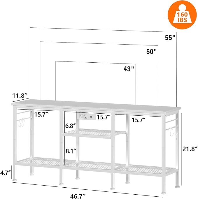 Furologee TV Stand with Power Outlets, Entertainment Center with Open Storage Shelves for TVs up to 55 Inch, TV Media Console Table with Soundbar Shelf for Living Room, Bedroom, White
