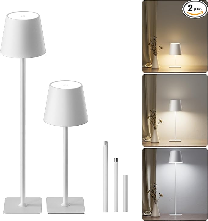 JACKYLED Cordless Lamp DIY Height, 3 Color Stepless Dimming, 5000mAh Battery Operated Lamp Portable Rechargeable for Bedroom Dinning Kitchen, White, 2 Pack