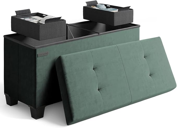 STORAGEBUD Storage Ottoman Bench with Bins, 30-in Storage Bench for Bedroom End of Bed, Folding Foot Rest Ottoman for Living Room Max 660lbs, Velvet Ottomans, Green