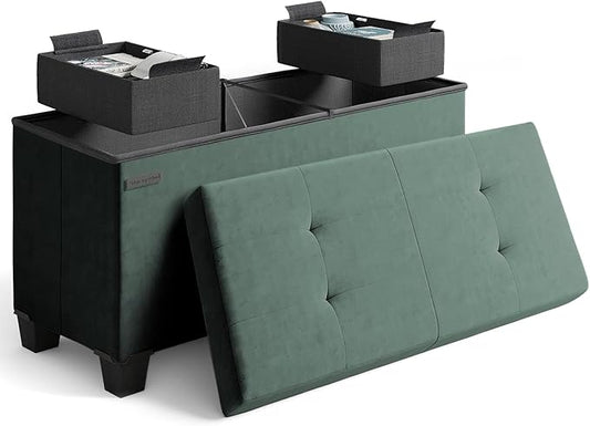 STORAGEBUD Storage Ottoman Bench with Bins, 30-in Storage Bench for Bedroom End of Bed, Folding Foot Rest Ottoman for Living Room Max 660lbs, Velvet Ottomans, Green
