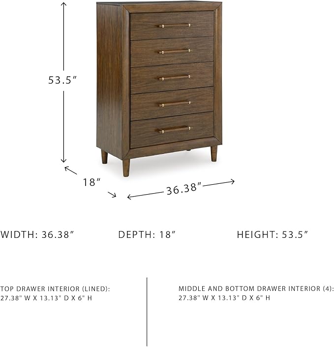 Signature Design by Ashley Lyncott Casual 5 Drawer Chest with Felt-Lined Top Drawer and Safety Stop for Bedroom, Dark Brown