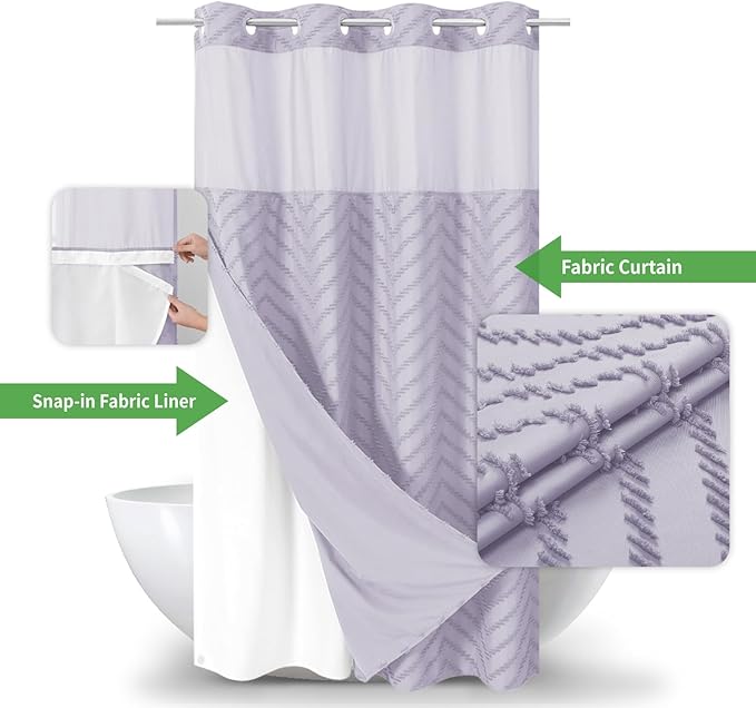 Stall No Hook Boho Farmhouse Shower Curtain with Snap-in Fabric Liner set-54Wx80H(78H),Tufted Chevron Striped Hotel Grade Cloth Shower Curtains for Bathroom,Water Repellent,Lavender