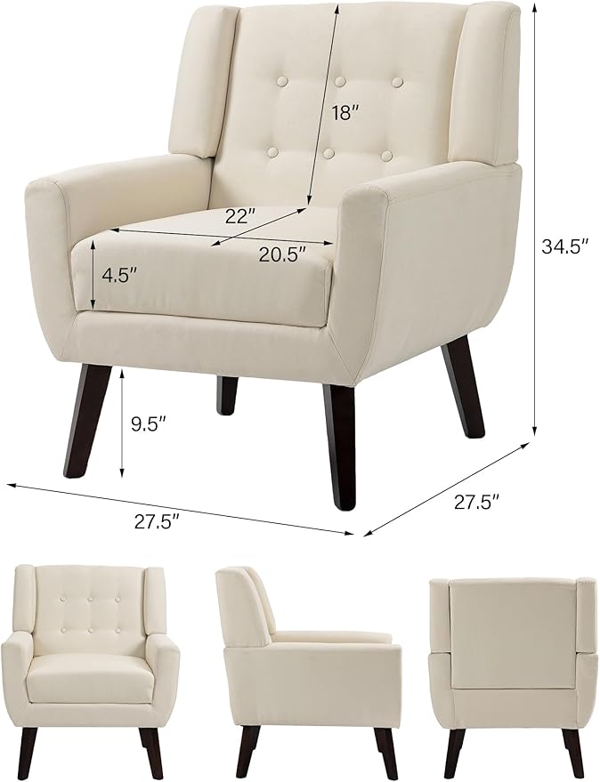 Accent Chair, Mid-Century Modern Fabric Chairs with Arms for Living Room, Comfy Upholstered Club Single Sofa Armchair for Bedroom Waiting Room with Solid Wood Frame (Fabric White, Set of 2)