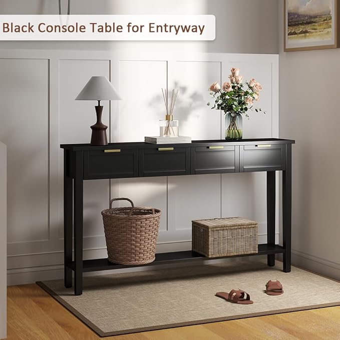 Console Tables for Entryway, 60 Inch Sofa Table w/4 Drawers and Bottom Shelf Narrow Long Hallway Table for Living Room Entryway Home, Black