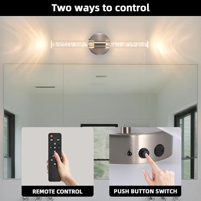 Modern LED Battery Operated Wall Sconces Set of Two, Dimmable Bathroom Crystal Wall Sconce, USB Rechargeable Brushed Nickel Vanity Wall Lamp, Bubble Wall Lights For Bedroom, Living Room. 20-Inch