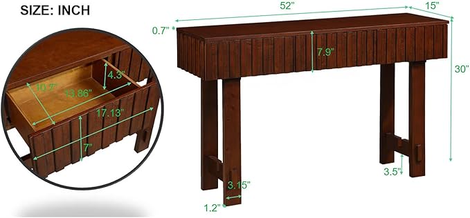 52" Console Table, Solid Wood Fluted Sofa Table Behind The Couch, Mid Century Farmhouse Entryway Table with 3 Drawers for Entrance, Hallway, Living Room, Foyer (Cherry)