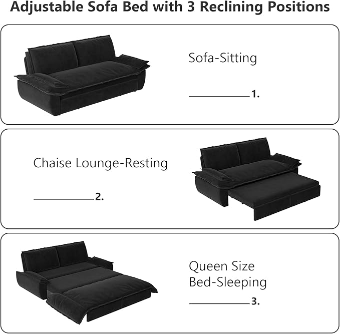 73.2-Inch Queen Size Convertible Sleeper Sofa Bed, 3-in-1 Pull-Out Futon Loveseat, Velvet Futon Couch with 2 Soft Pillows for Living Room, Office, Apartment, RV, Hide-A-Bed Fold Out Sofa&Couches