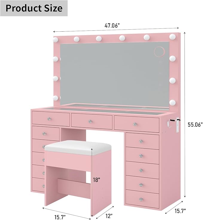 13 Drawers Vanity Desk, 47''W Makeup Vanity with Power Outlet, Vanity Table with Mirror and 12 LED Bulbs, 3 Color Lighting Modes, Glass Top, Dressing Table for Bedroom (Pink)