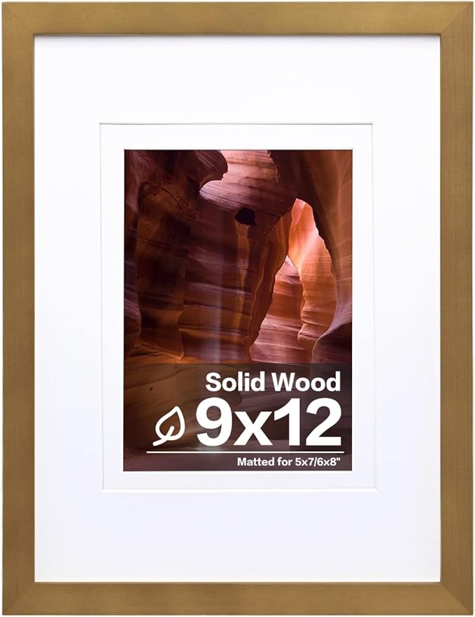 Egofine 9x12 Picture Frame Made of Solid Wood with Plexiglass, Display Pictures 5x7/6x8 with Mat or 9x12 without Mat, for Tabletop and Wall Mounting Photo Frame, Light Brown