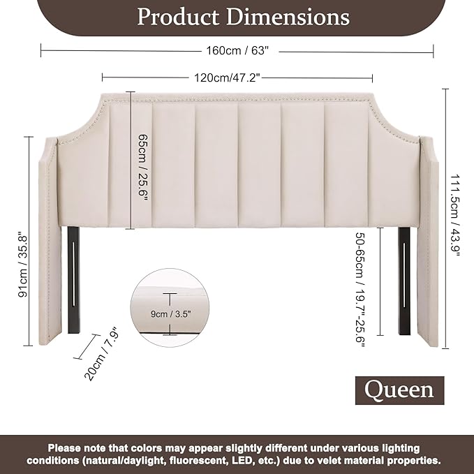 Lucky Monet Luxurious Headboard Only Queen Size with Wingback, Velvet Upholstered Tufted Headboard with Nailhead Decor for Bed, Adjustable Height Curved Head Board Vertical Channel Design (Beige)
