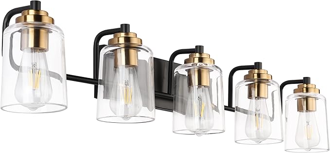 SOLFART Vintage Vanity Lights for Bathroom 5 Light Bathroom Vanity Light Black Metal with Clear Glass Brass Fixtures Wall Mount Lighting Wall Sconce