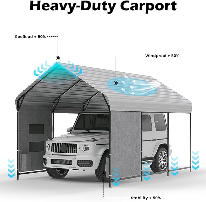 10'x15'x10' Heavy Duty Metal Carport, Steel Carports Canopy with Galvanized Steel Frame and Roof, Metal Carport Shelter for Boats, SUVs and Trucks