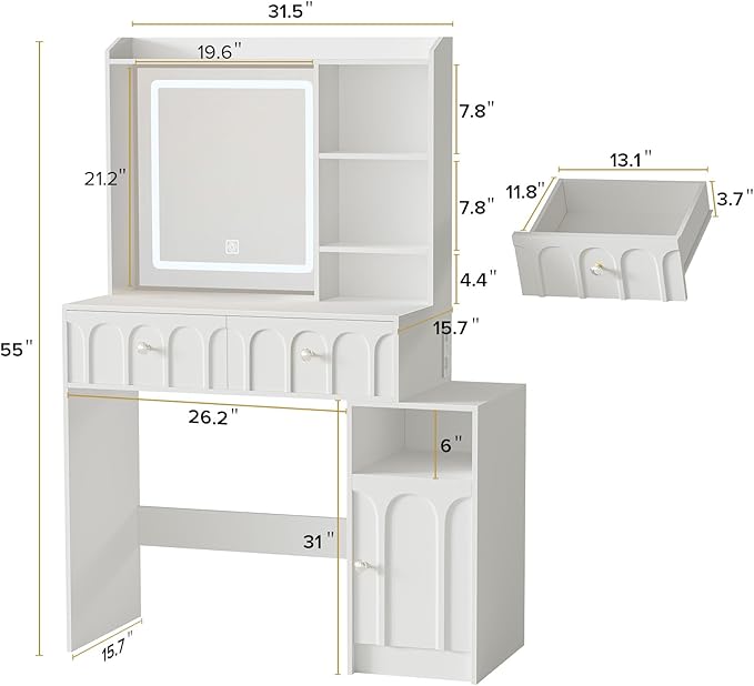 Vanity Desk with Mirror and Lights, Makeup Desk with 2 Drawers & Adjustable Shelves, Dressing Table with Charging Station for Bedroom. 3 Adjustable Light Modes