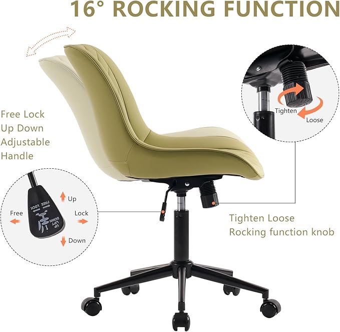 YOUNIKE Home Office Desk Chair with Wheels Comfy Small Modern Vanity Chair with Back Ergonomic Swivel Adjustable Armless Cute Leather Upholstered Rolling Task Chair no Arms Avocado Green