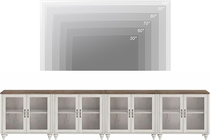 WAMPAT Farmhouse TV Stand for 100 Inch TV, Glass Door Universal TV Stand with 4 Storage Cabinets, Entertainment Center for 75/80/85/90 Inch TV, Console Table for Living Room, Bedroom, Rustic White