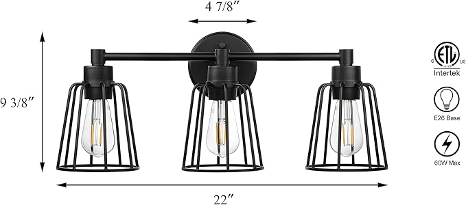 XiNBEi Lighting Farmhouse Bathroom Light Fixtures, 3 Light Bathroom Vanity Light, Industrial Metal Cage Sconces Wall Lighting in Matte Black Finish XB-W1287-3-MB