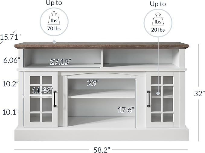 BELLEZE 58 Inch TV Stand, Rustic Wood Entertainment Center for TVs up to 65", Contemporary Media Console Table with Two Open Shelves and Glass Door Cabinets - Astorga (White)