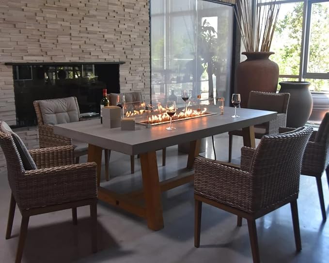 Elementi | Sonoma Gas Fire Pit Cast Concrete Rectangular Dining Fire Table, Outdoor Fire Pit Electronic Ignition | Canvas Cover, Lava Rock Included | Propane Gas
