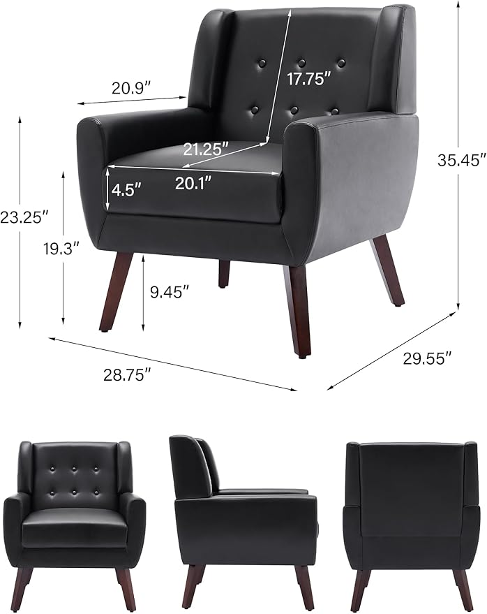 Accent Chair, Mid-Century Modern PU Leather Chairs with Arms for Living Room, Comfy Upholstered Club Single Sofa Armchair for Bedroom Waiting Room with Solid Wood Frame（Leather Black, Set of 2)