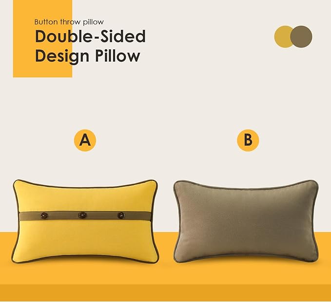 Outdoor Sunbrella Decorative Pillows with Triple Coconut Buttons Pack of 4, 20" x 12" Outdoor Pillow Set for Couch Bed Throw Patio Sofa, Spectrum Daffodil/Canvas Cocoa