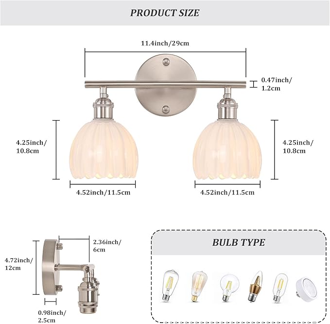 Bathroom Light Fixtures, 2-Light Vanity Wall Light Over Mirror with White Tulip Glass Shade for Bedroom Living Room, Satin Nickel